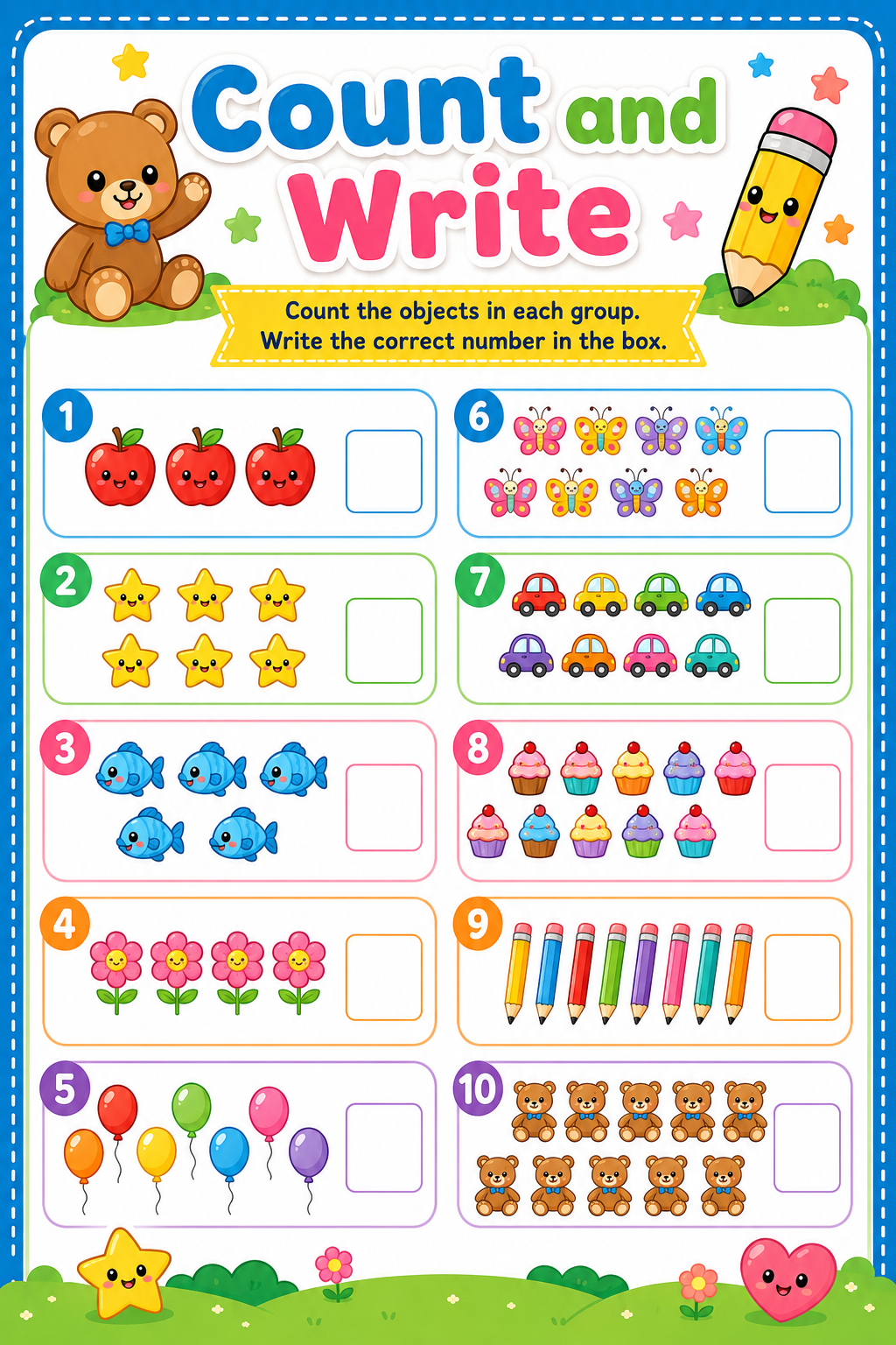 Counting worksheet for kids - printable PDF