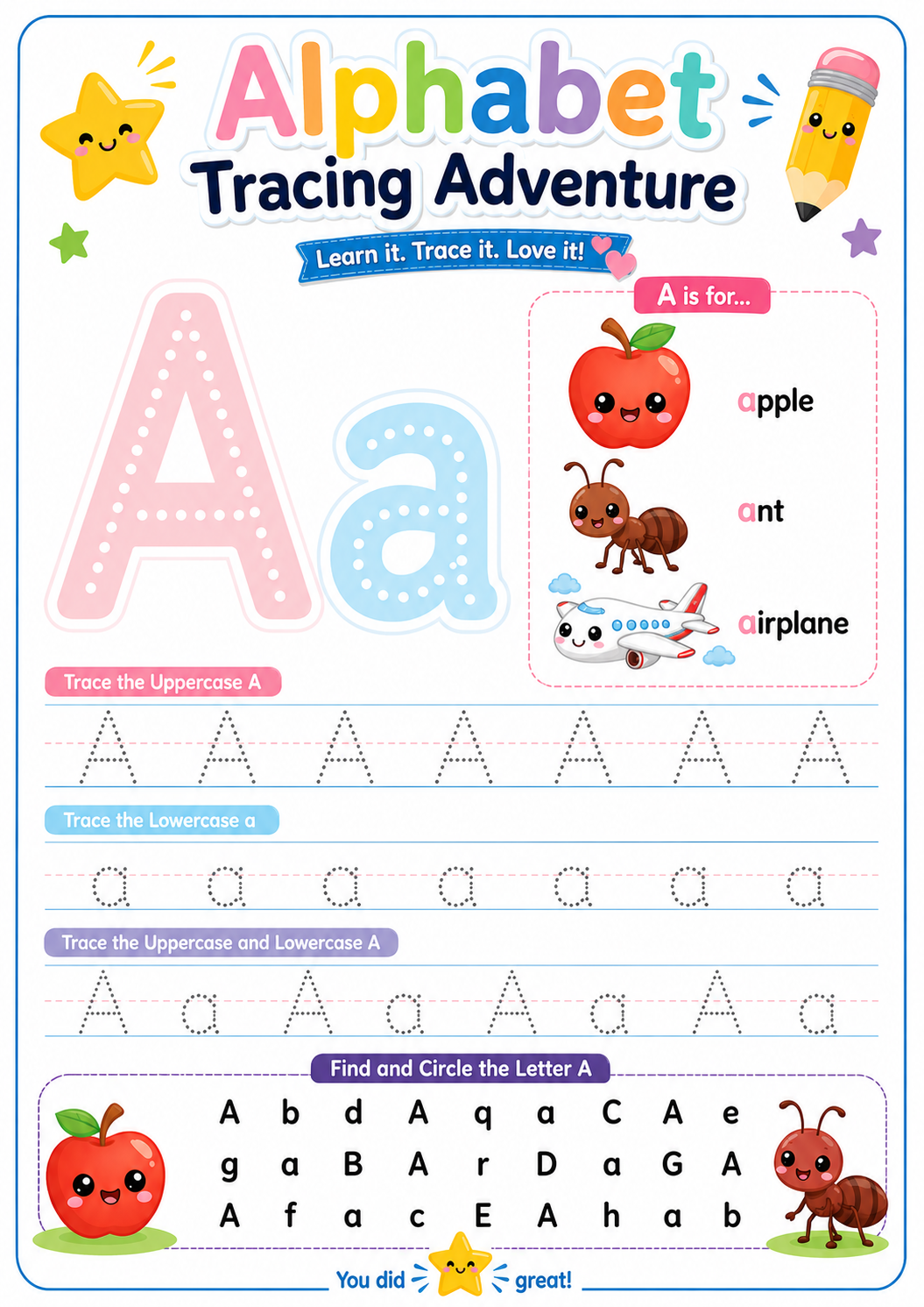 Tracing practice worksheet for kids - printable PDF